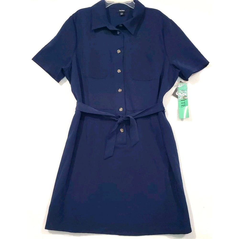 Tacera Dress Size PXL Short Sleeve Button Front Navy Belted NWT Stretch